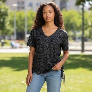 Democracy Black V-Neck Leopard Side-Tie Tee